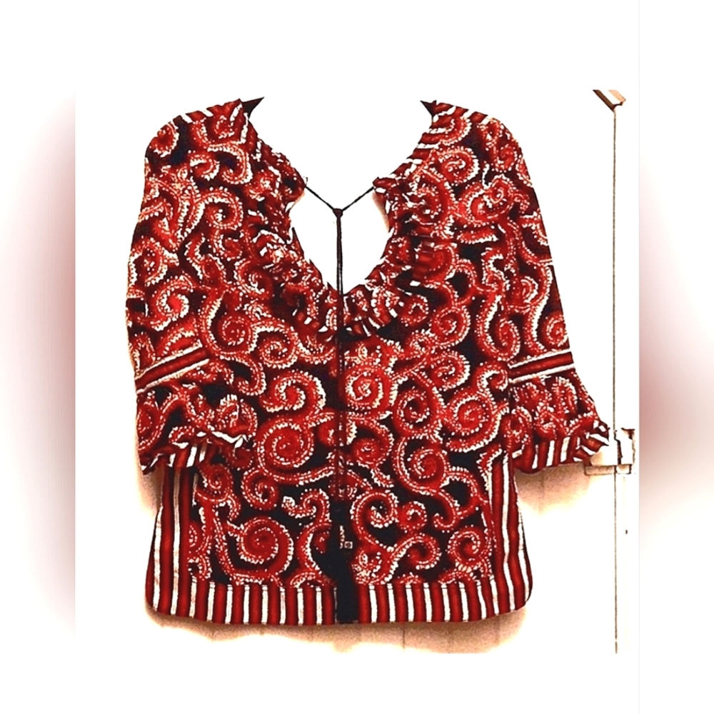 TORY BURCH Batik 3/4 Bell Sleeve Cotton Ruffle Blouse, Tassles